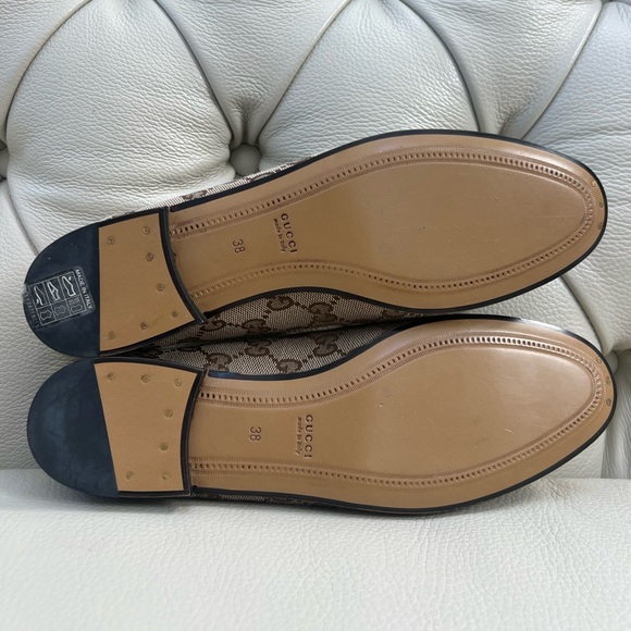 New Gucci Jordaans Loafers Brown Shoes Flats Logo Monogram Leather Canvas - Picture 7 of 9